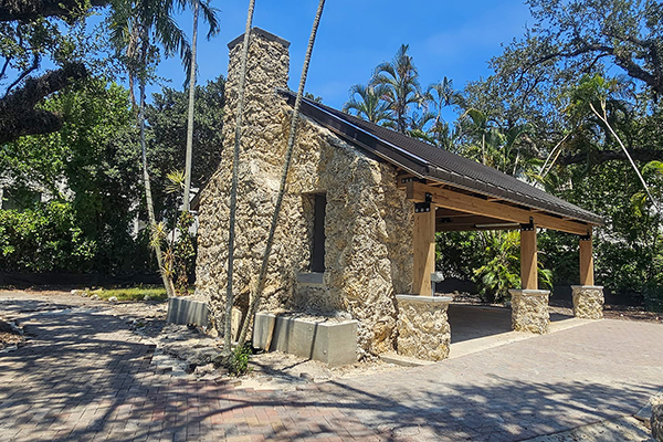 Ben Butler Rock House Pavilion at Charles F. Vollman Park in Hollywood, Florida, preserved coral rock chimney and open-air pavilion. Bliss Products and Services.