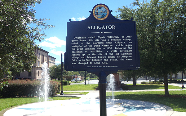 Alligator Historical Marker with fountains in Lake City, Columbia County, Florida