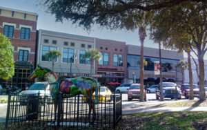Historic Downtown Ocala street view with horse sculpture in Marion County, Florida
