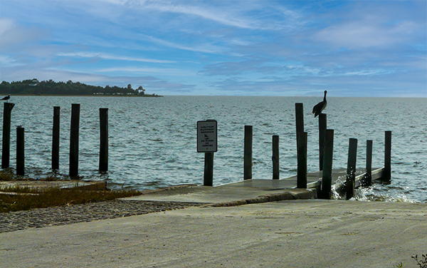 Boat ramp and Gulf waterfront at Horseshoe Beach in Dixie County, Florida