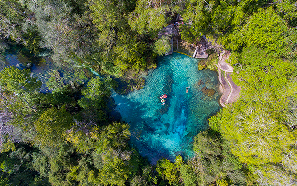 Aerial view of clear blue water at Ichetucknee Springs State Park near Fort White, Columbia County, Florida