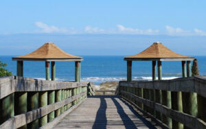 Beach access boardwalk and shade shelters at Kathryn Abbey Hanna Park in Duval County, Florida