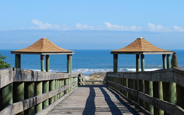 Beach access boardwalk and shade shelters at Kathryn Abbey Hanna Park in Duval County, Florida
