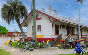 Nature Coast State Trail trailhead rest stop with bicycles in Trenton, Gilchrist County, Florida