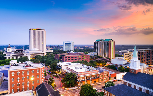Downtown Tallahassee skyline in Leon County Florida at sunset