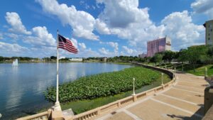 Lake Mirror Promenade with lakefront walkway in Lakeland, Polk County, Florida.