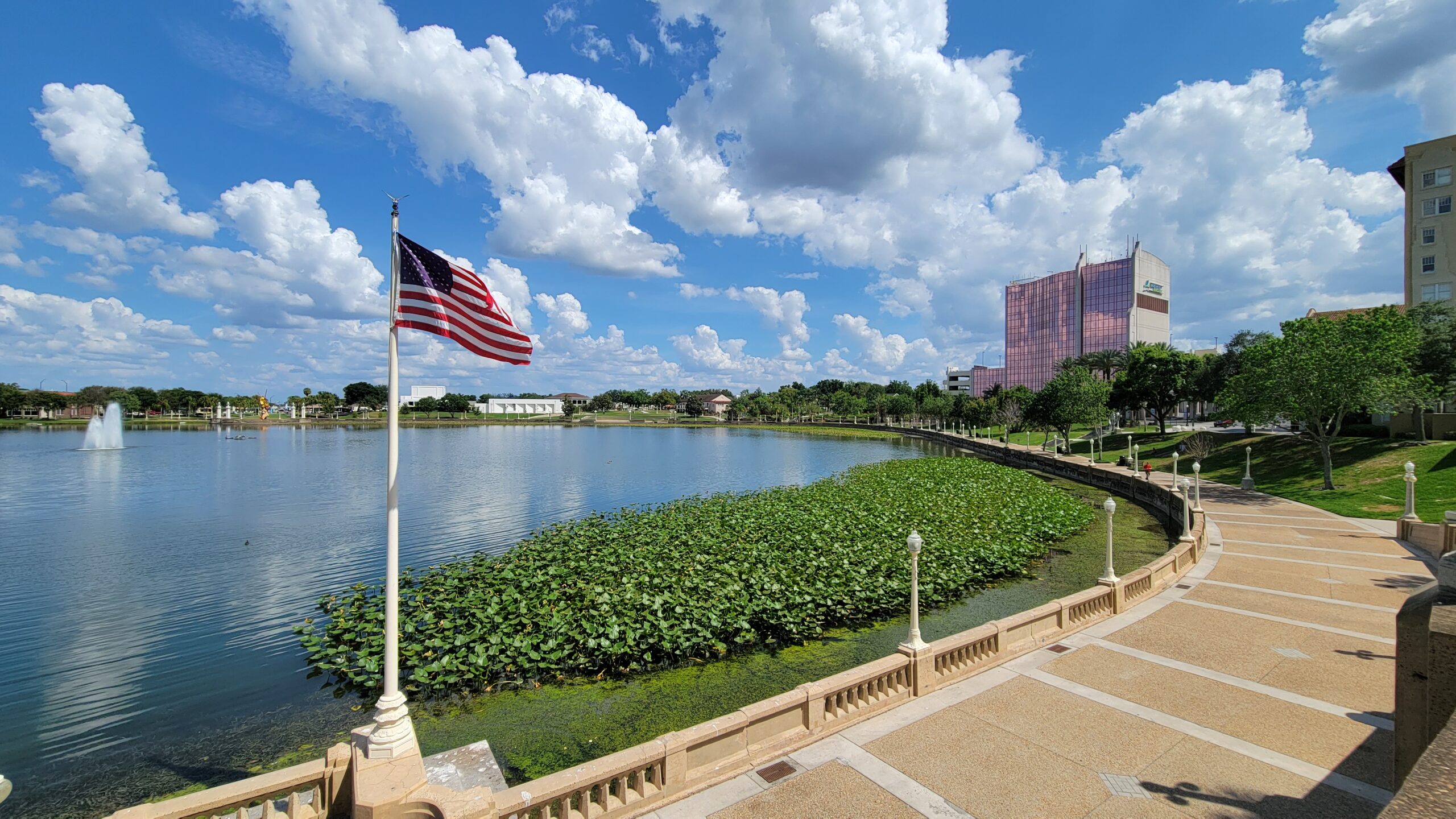Lake Mirror Promenade with lakefront walkway in Lakeland, Polk County, Florida.