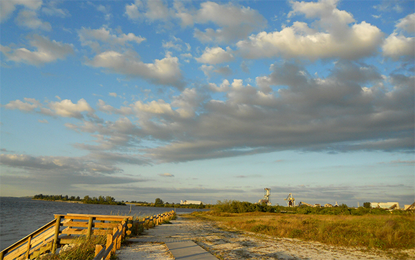 Waterfront walkway and shoreline at Apollo Beach in Hillsborough County, Florida.