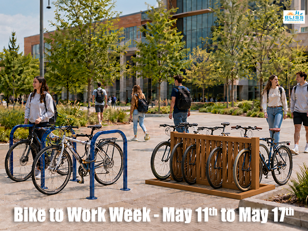 Bike to Work Week 2026 campus scene with students using bike racks from Bliss Products and Services