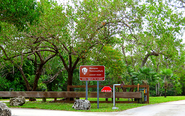 Entrance sign for Biscayne National Park near Homestead, Florida, representing South Dade and the natural recreation areas of Miami-Dade County.