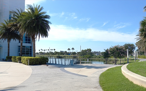 Cape Canaveral Exploration Area with waterfront walkways and landscaping in Brevard County, Florida.
