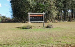 Chickasawhatchee Wildlife Management Area entrance sign off GA 62 in Calhoun County, Georgia.