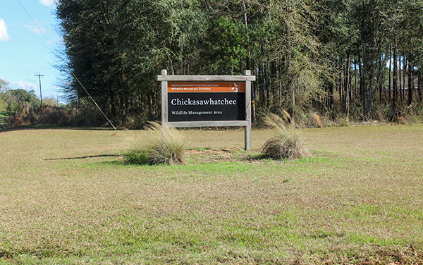 Chickasawhatchee Wildlife Management Area entrance sign off GA 62 in Calhoun County, Georgia.