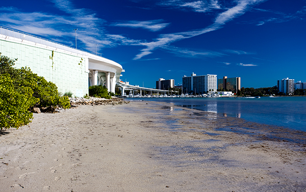 Clearwater Beach shoreline with waterfront buildings in Pinellas County, Florida.