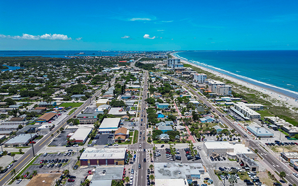 Aerial view of downtown Cocoa Beach along A1A on Florida’s Space Coast in Brevard County.