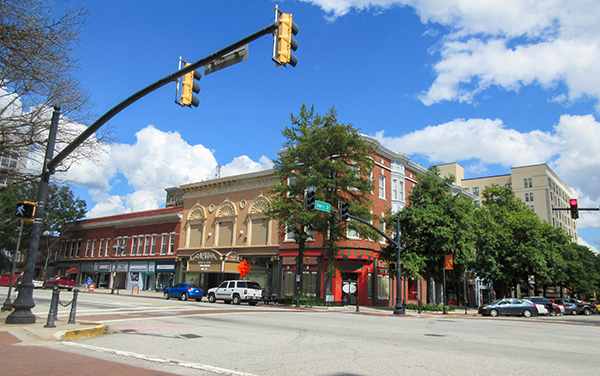 Downtown Macon street scene in Bibb County, Georgia, showing historic buildings and an urban intersection.