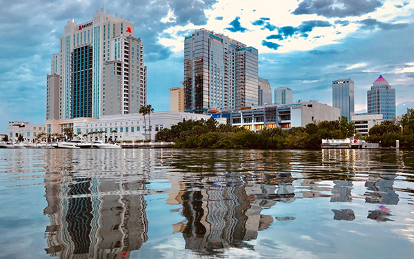 Downtown Tampa skyline reflected in Garrison Channel in Hillsborough County, Florida.