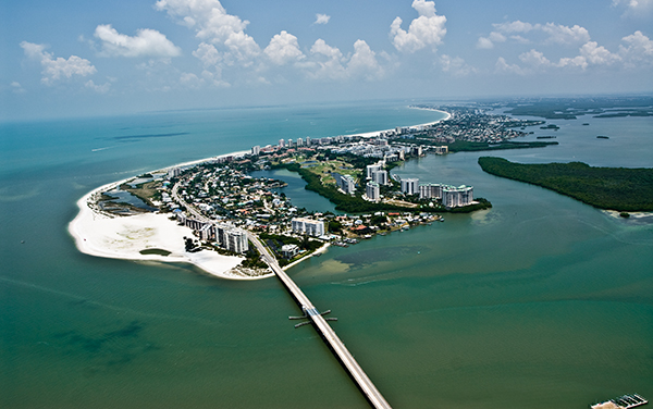 Aerial view of Fort Myers Beach and coastal Lee County in Southwest Florida
