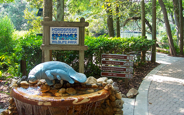 Entrance sign and manatee display at Homosassa Springs Wildlife State Park in Citrus County, Florida.