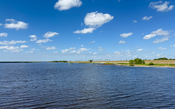 View of Lake Okeechobee from the Lake Okeechobee Park pier in Okeechobee, Florida, representing Okeechobee County.
