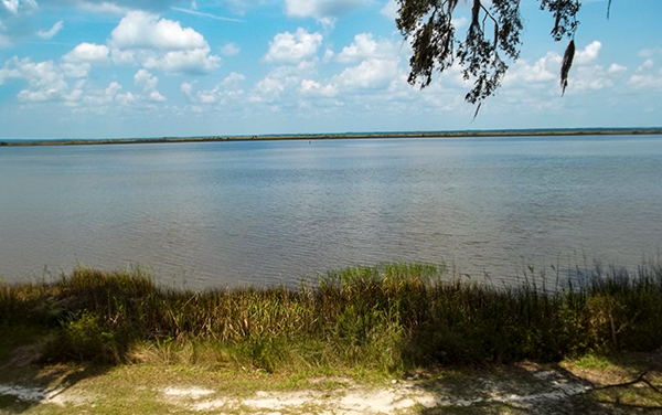 Ogeechee River view at Fort McAllister in Bryan County, Georgia, showing marsh grass and open water.
