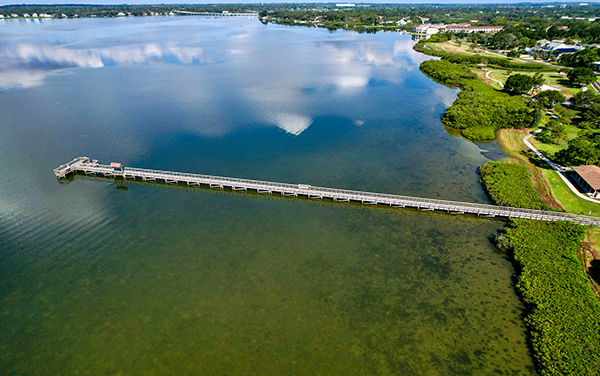 Aerial view of R.E. Olds Park in Oldsmar, Florida with a fishing pier, waterfront shoreline, green space, and Tampa Bay water.