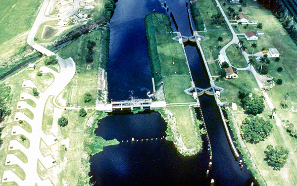 Aerial view of Ortona Lock and Dam on the Caloosahatchee River in Glades County, Florida