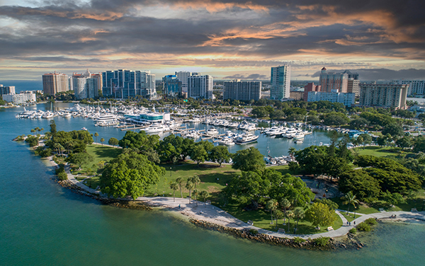 Downtown Sarasota waterfront and marina along Sarasota Bay in Florida