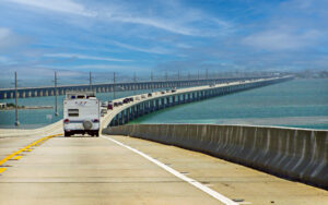 Traffic crossing the Seven Mile Bridge on the Overseas Highway in the Florida Keys, representing Monroe County, Florida.