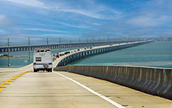 Traffic crossing the Seven Mile Bridge on the Overseas Highway in the Florida Keys, representing Monroe County, Florida.