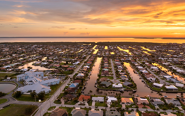Punta Gorda waterfront neighborhood in Southwest Florida at sunset