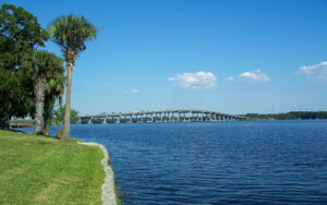 St. Johns River view with Memorial Bridge in Palatka, Putnam County, Florida