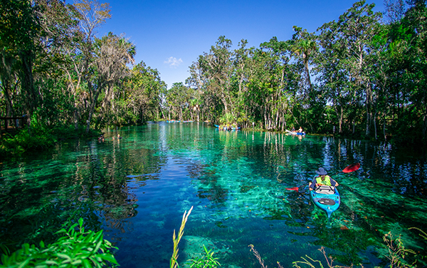 Kayakers on clear spring water at Three Sisters Springs in Crystal River, Citrus County, Florida.