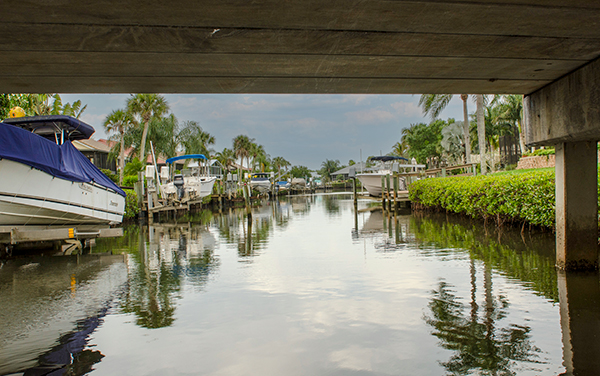 Waterfront canal with boats in Venice, Sarasota County, Florida
