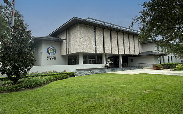 Winter Park City Hall with lawn and landscaping in Orange County, Florida.