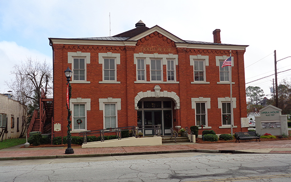 Historic red-brick Hawkinsville Opera House in downtown Hawkinsville, Georgia, featured by Bliss Products and Services
