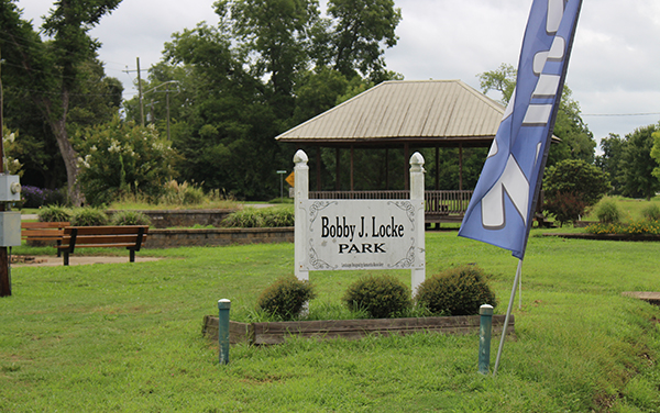 Bobby J. Locke Park sign, gazebo and bench in Sasser, Terrell County, Georgia
