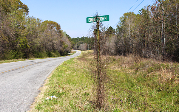 Bridgetown road sign beside a rural road in Coffee County, Georgia