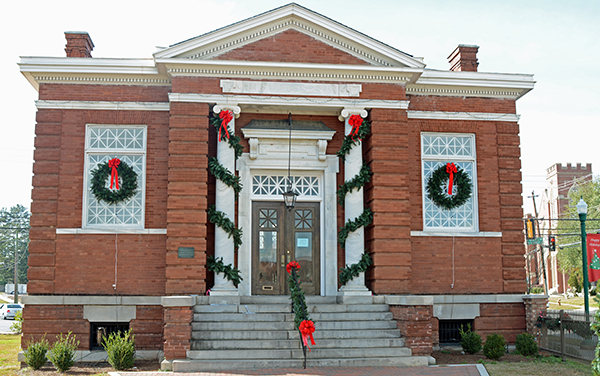 Historic Carnegie Library decorated for Christmas in Dublin, Laurens County, Georgia