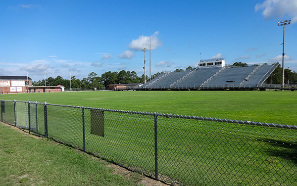 Charlton County football stadium in Folkston, Georgia, showing the playing field, grandstands, and athletics facilities.