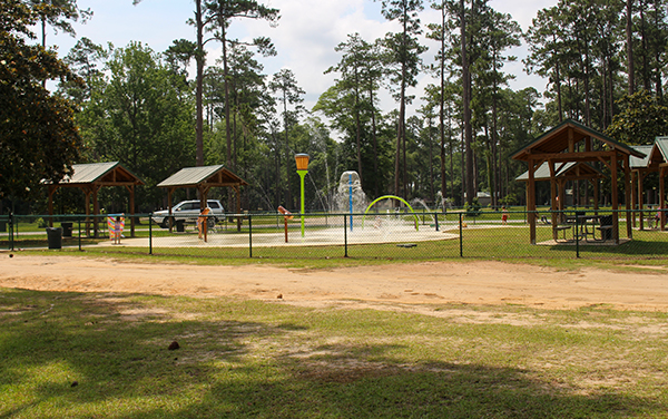 Splash pad, picnic shelters and wooded recreation area at Chehaw Park in Dougherty County, Georgia
