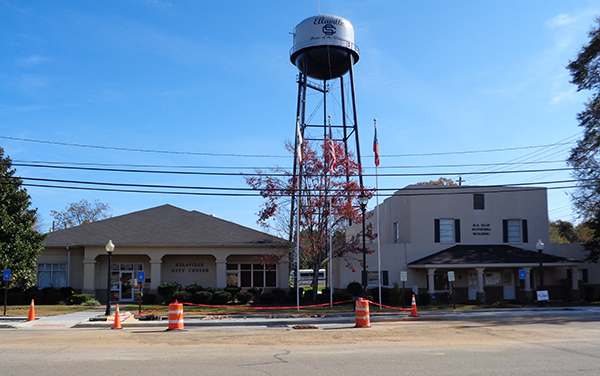 Ellaville City Center, M. E. Ellis Municipal Building and water tower in Schley County, Georgia