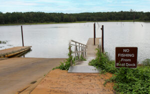 Boat ramp and public dock overlooking the lake at Flat Creek Public Fishing Area in Houston County, Georgia
