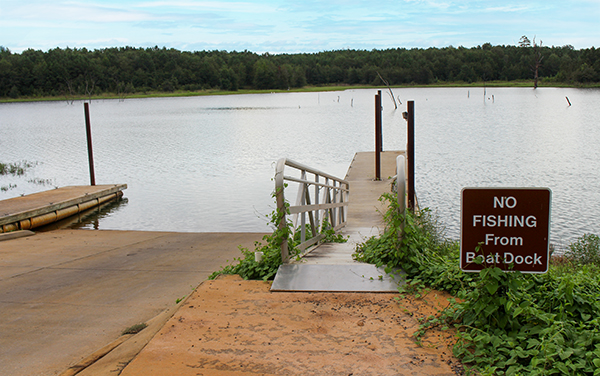 Boat ramp and public dock overlooking the lake at Flat Creek Public Fishing Area in Houston County, Georgia