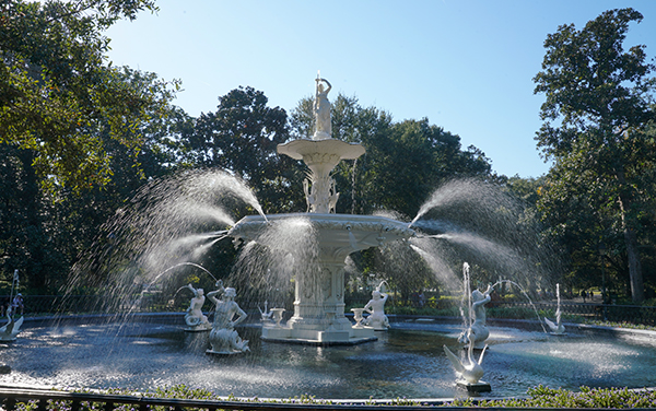 Forsyth Park fountain in Savannah, Georgia, surrounded by trees and public green space in Chatham County.