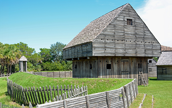 Reconstructed wooden fort, defensive walls and sentry post at Fort King George in Darien, Georgia