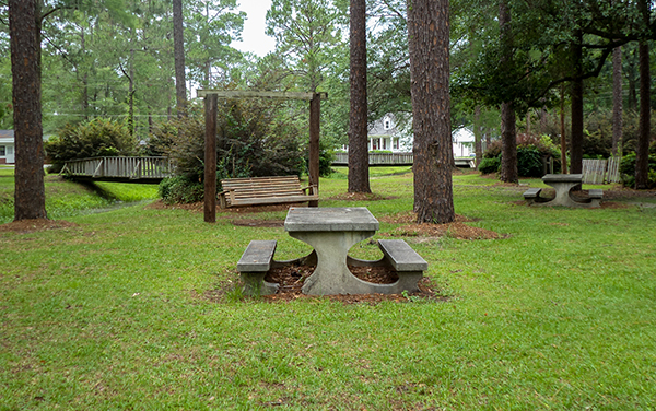 Bench swing, picnic tables, and wooded green space at Geo. M. Dame Memorial Park in Homerville, Georgia.
