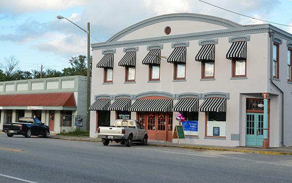Historic commercial buildings along the street in downtown Guyton, Georgia