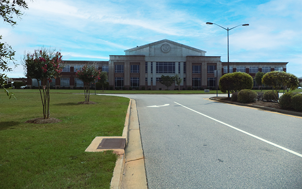 Houston County Courthouse with landscaped grounds in Perry, Georgia