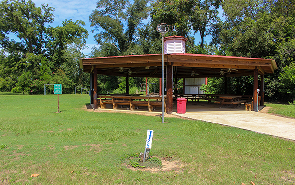 Covered picnic shelter with tables at Jakin Park in Early County, Georgia
